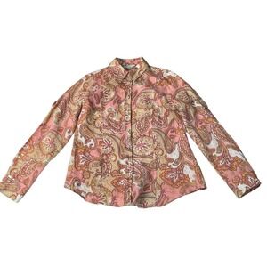 Susan Bristol Linen Paisley Button Down Shirt Medium Pink Roll Tab Sleeve Blouse
